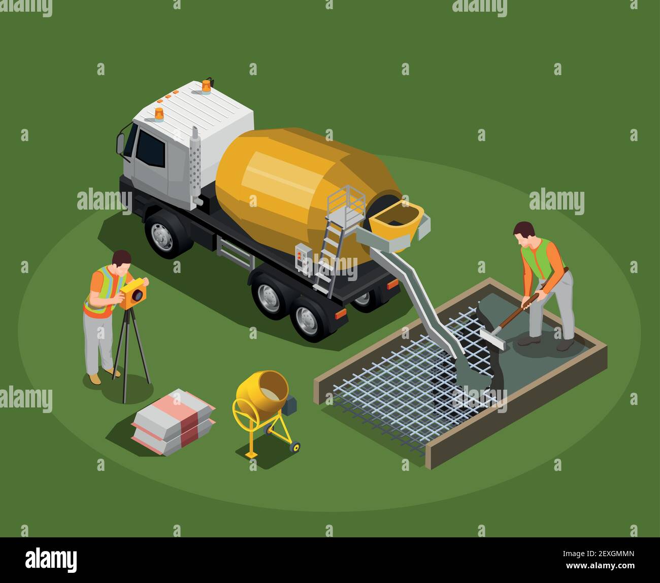 Concrete production isometric composition with mixing drum and cement mixer  machine with human characters of workers vector illustration Stock Vector  Image & Art - Alamy